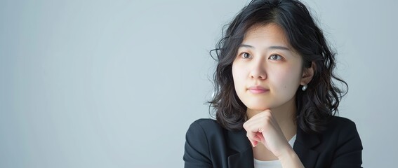 A Japanese woman in her thirties, with a thoughtful expression and her hand on her chin, wearing a casual suit against a white background banner for advertising. copy space for text. - Powered by Adobe