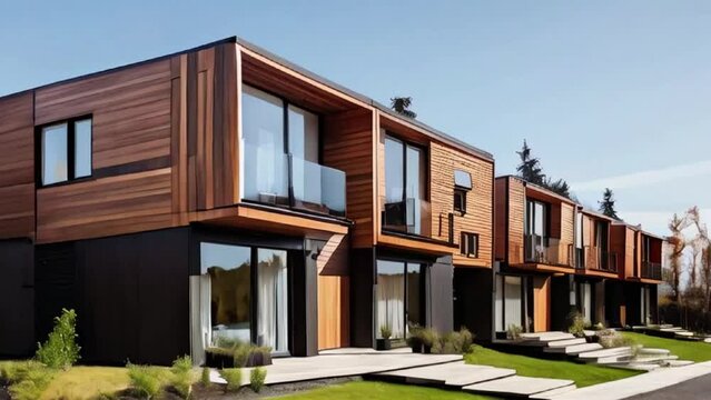 Row of modern modular private townhouses with wooden cladding. Residential architecture exterior