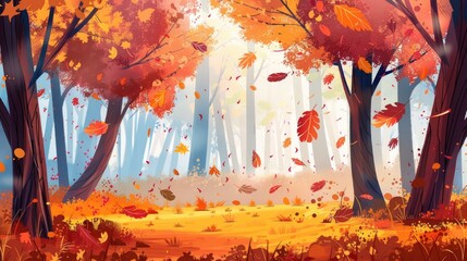 Colorful Autumn Forest with Falling Leaves
