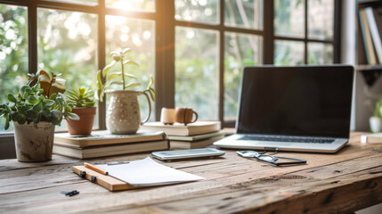 Fototapeta premium A cozy home office setup featuring a laptop on a wooden desk, surrounded by houseplants and bathed in natural light.