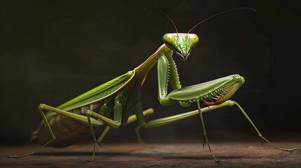 closeup view of mantis on the blurred dark background