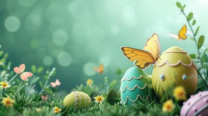 A butterfly rests on a decorated Easter egg in a field of grass