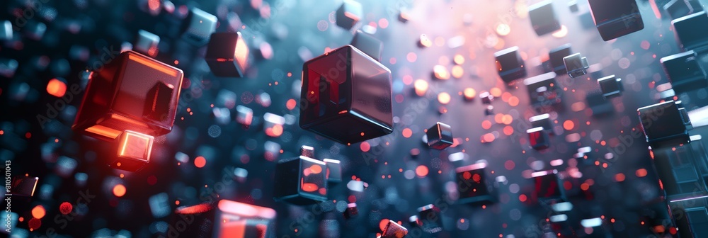 Poster group of cubes floating in the air with lights on them