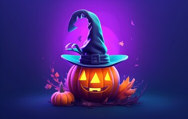 a pumpkin with a witches hat on it's head and leaves around it, with a purple background