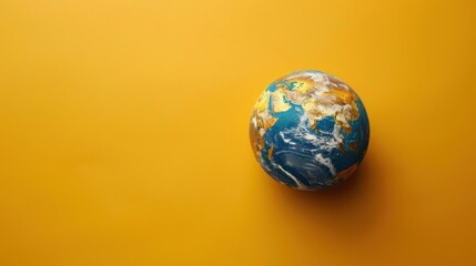 A large 3D model of the world on a yellow background.