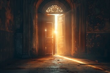 doorway with a light coming out of it in a dark room with smoke