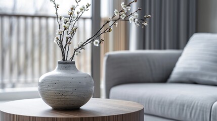 Close-up of Ceramic Vase with Blossom Twigs on Wooden Coffee Table in Modern Living Room