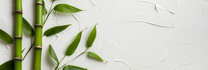 group of green bamboos sitting on top of a white table