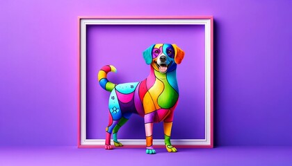 The image depicts a vibrant, multi-colored dog within a framed picture against a purple background. The dog is segmented into various vivid colors, each filled with different patterns like stars and f