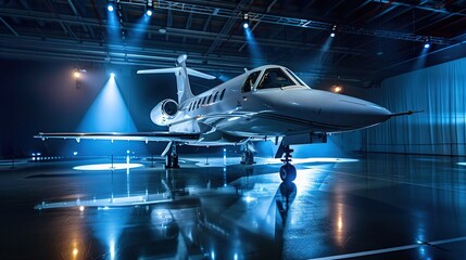 A jet is on display in a hangar with lights shining on it. copy space for text.
