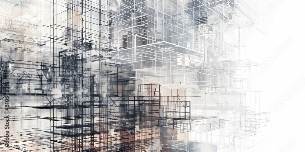 Poster drawing of a building with lots of scaffolding, architect sketch background