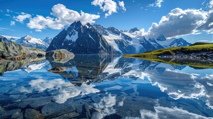 Snow Capped Peaks Reflected in Alpine Lake