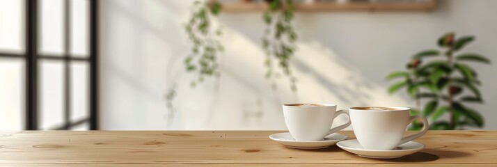 two cups of coffee sit on a table in front of a plant in a room with a window