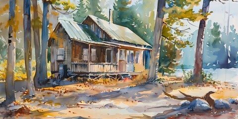 painting of a cabin in the woods with trees around