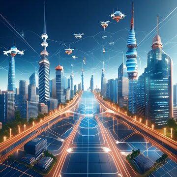 La imagen presenta un paisaje futurista, dominado por estructuras met&aacute;licas y luces brillantes que destellan en la oscuridad. R&iacute;os de datos digitales fluyen como corrientes luminosas entre edificios d