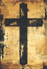 a cross painted on a wall with a brown background and black paint splatters on it