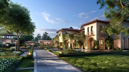 Obraz premium Sophisticated safe and smart residential estate, Style homes, gorgeous gardens, in nature, where lifestyle, sustainability and smart living technology meets.