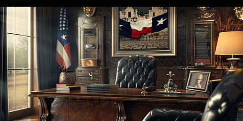 Lone Star Luxury: A modern workspace featuring a leather-topped desk, a Texas state flag and a portrait of the Alamo.