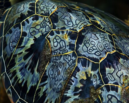 Detailed sea turtle shell with intricate camouflage pattern featuring a subtle sirena outline.