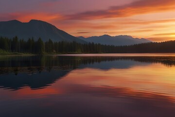  A serene sunset over a tranquil lake, reflecting vibrant hues of orange and pink.