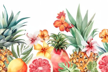 watercolor painting of tropical fruits and flowers on a white background