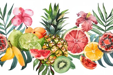 watercolor painting of tropical fruits and flowers on a white background