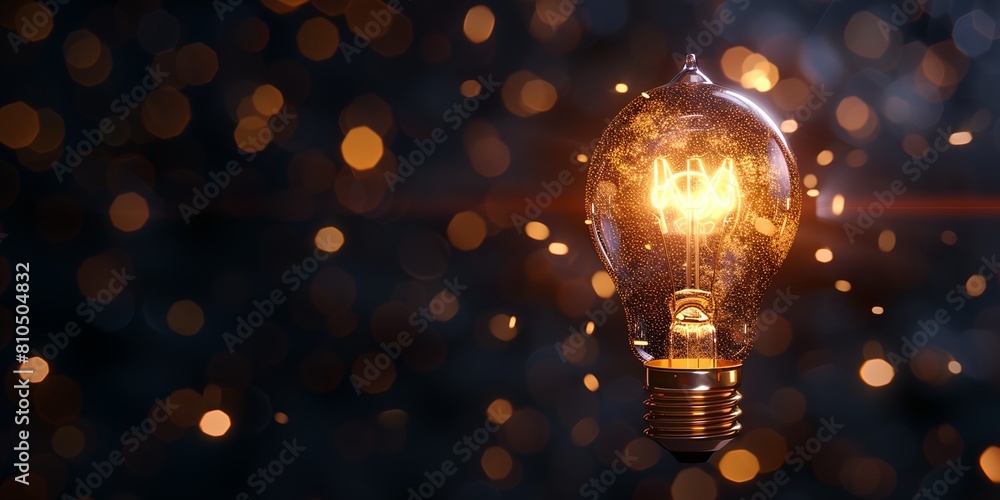 Poster a light bulb with a glowing light inside of it on a dark background with boke lights in the backgrou