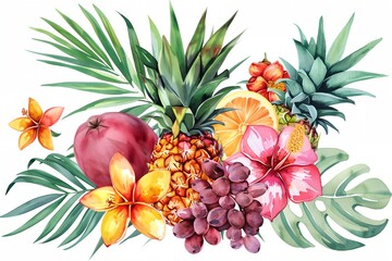 Obraz premium watercolor painting of tropical fruits and flowers on a white background