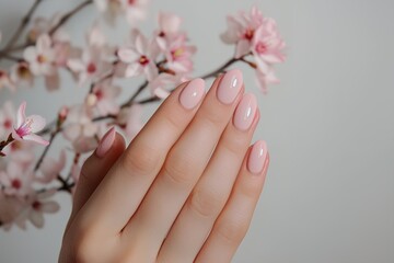 Fototapeta premium woman's hand with a pink manicure and a branch of pink flowers in the background