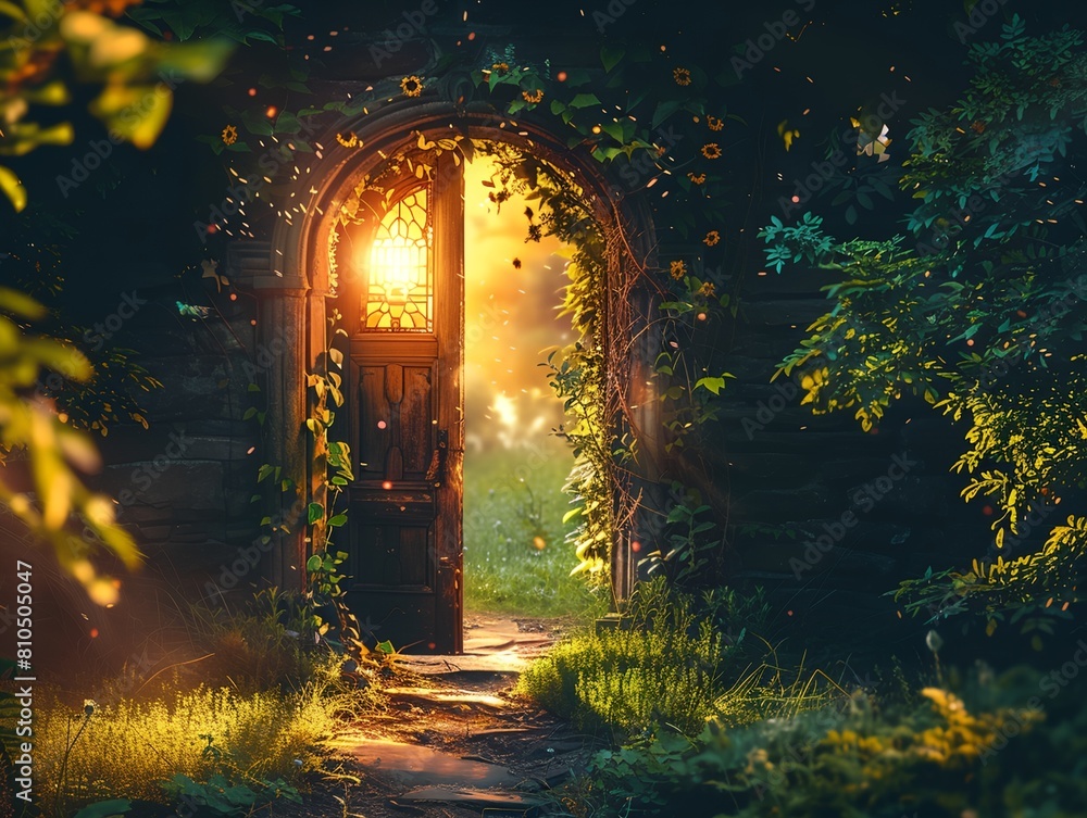 Aufkleber doorway with light shining through it in forest area with a path leading to it and a light shining t