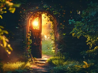 doorway with light shining through it in forest area with a path leading to it and a light shining through the door