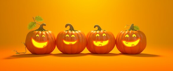 pumpkins with faces carved on an orange background