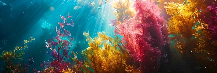 group of seaweeds in the water with sunlight shining through