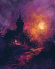 Vibrant church lit by glowing sunshine yellow and deep pink hues, resembling a dream world for witches. Rich eggplant accents add mystery.