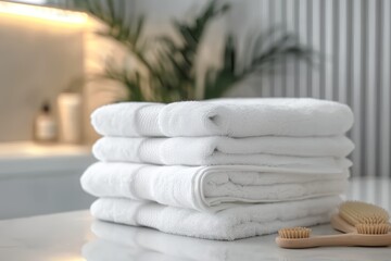 White clean towels on table in bathroom, laundered towels