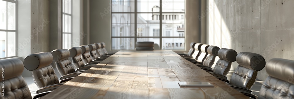 Poster long table with chairs and a laptop on it in a room with windows and a view of a city