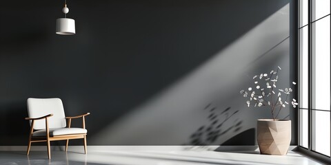 a chair and a vase with a plant in it in a room with a large window