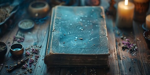 magic book with a candle on a table next to esoteric crystals