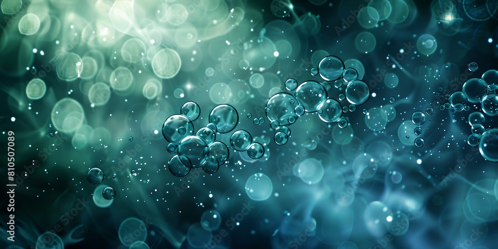 Poster a group of bubbles floating in the air on with a blurry light behind them and a blue and green backg