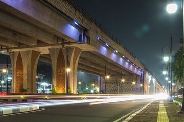 View of night traffic on Purwosari flyover with light lamps and light trails. Located on Purwosari, Surakarta 