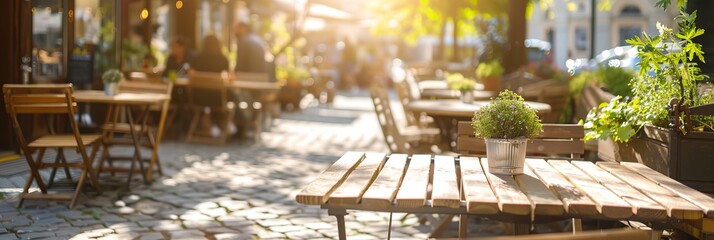 a table and chairs outside of a restaurant with a potted plant