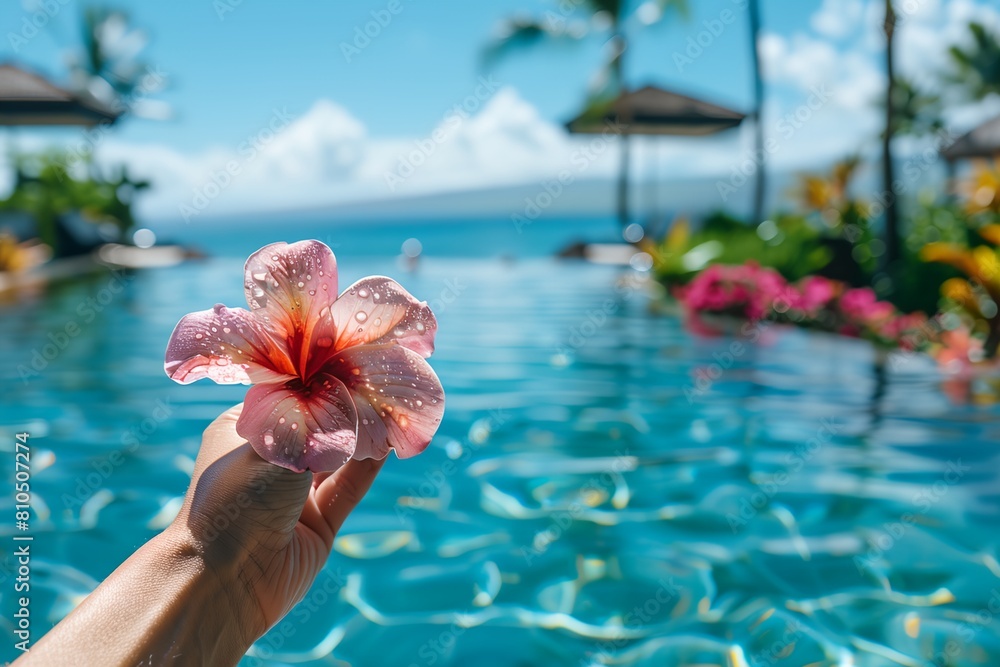 Poster a person holding a flower in front of a pool with a view of the ocean and palm trees in the backgrou