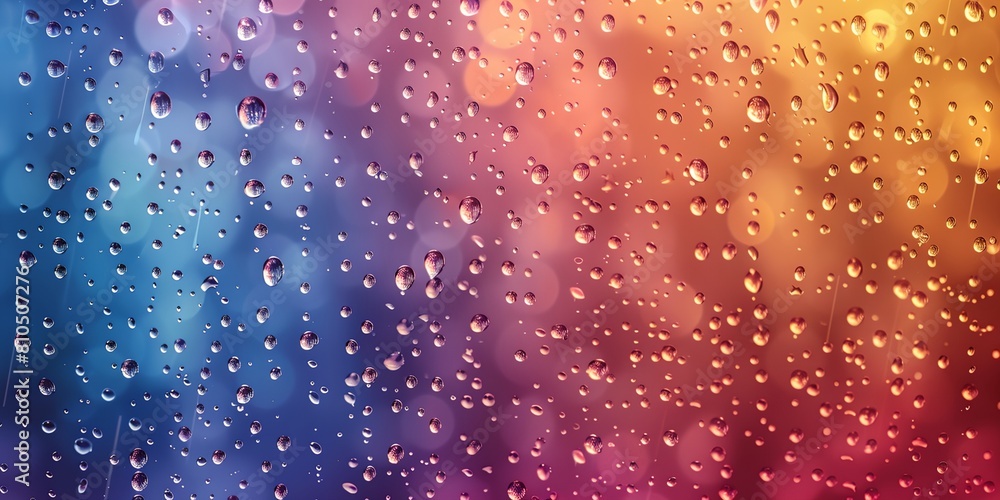 Poster a close up of a rain covered window with drops of water on it and a rainbow background