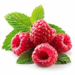 a bunch of raspberries with leaves on a white background