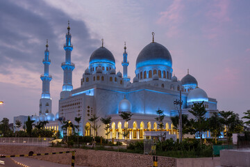 Sheikh Zayed Grand mosque with flowers at morning