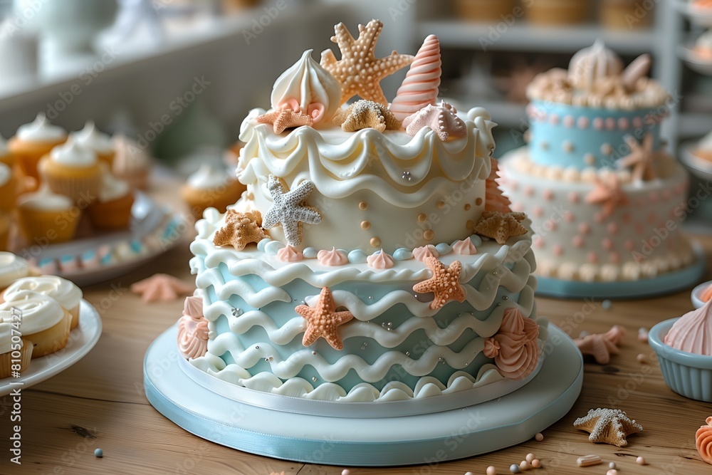 Poster a cake with stars and shells on it on a table with other cupcakes and cookies