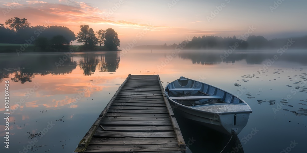 Poster boat is docked at a dock on a lake at sunset or dawn with foggy sky and trees in the background