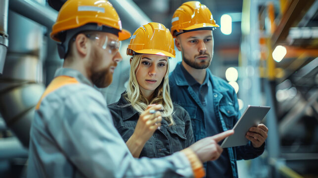 Three industrial workers, one woman and two men, wearing safety helmets discussing over a tablet in a factory.