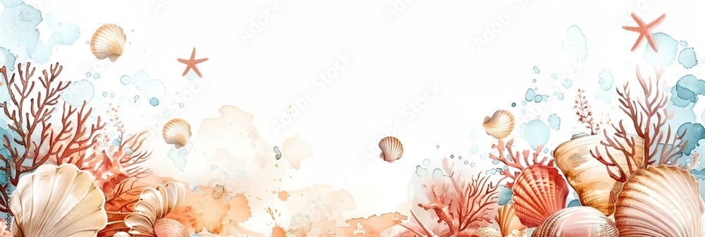 Poster a painting of seashells and starfish on a white background with a place for text or image