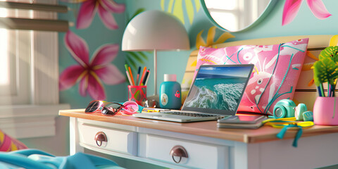 Silicon Beach Design: A chic beach-themed desk with a surfboard as a headboard, a laptop, and colorful accessories, embodying the playful energy of California's tech scene